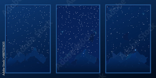Nighttime landscape with three framed views of starry skies and mountains