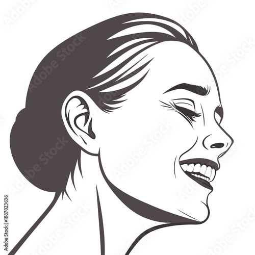 Detailed Vector Illustration of a Hyperrealistic Artificial Human Smiling with Complex, Ambiguous Emotional Depth