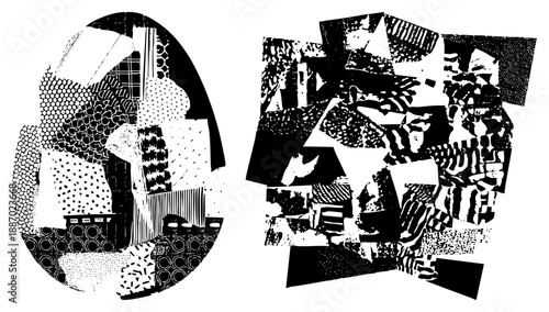 Abstract Geometric Collage with Halftone and Textured Shapes