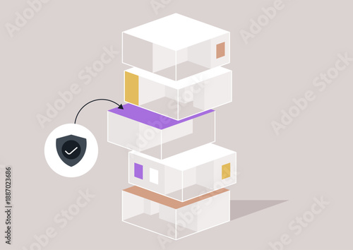 Intricate layered condo structures highlight the importance of insurance in housing, Each unit features distinct colors and a shield symbol represents security.