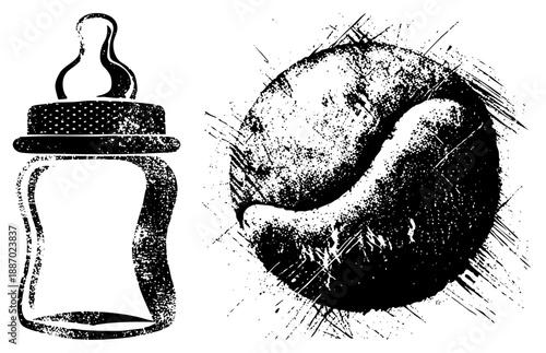 Baby Bottle and Bagel Illustrated in Vintage Halftone Style