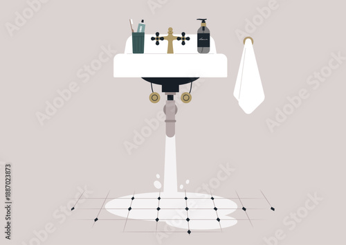 Water cascades from a leaky sink onto the tiled floor, creating a small puddle, Nearby, toiletries and a towel hint at a casual everyday life