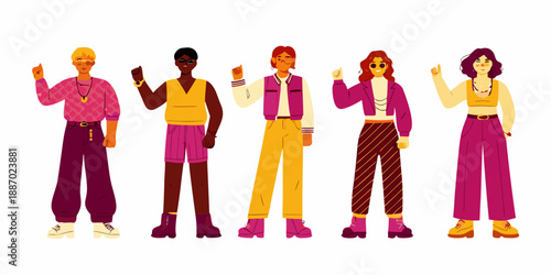 Diverse group of young adults showcasing unique and fashionable streetwear styles