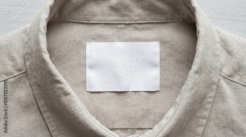 Blank white label on a linen shirt collar