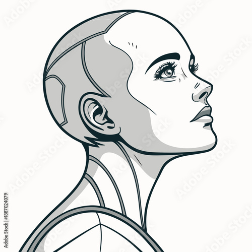 Human-like Robot Portrait with Organic Skin and Realistic Texture, Blurring Lines Between AI and Humanity.