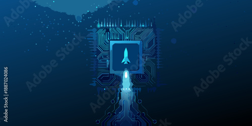 Digital rocket launch from a circuit board a futuristic technology concept