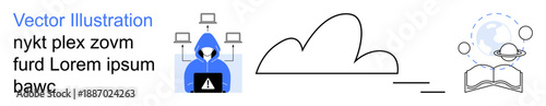 Cybersecurity, cloud computing, digital education, online threats, data protection, knowledge sharing. Hooded figure with laptops, cloud symbol and globe with book. Cybersecurity and cloud computing