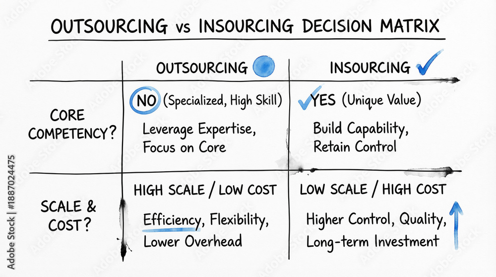 Obraz premium Outsourcing vs insourcing decision matrix comparing core competency and scale cost with benefits and trade offs for business strategy