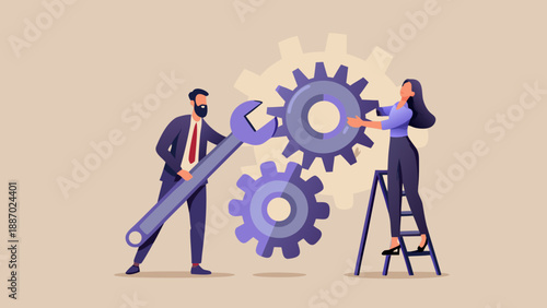 Teamwork and collaboration people working together on complex gear mechanisms