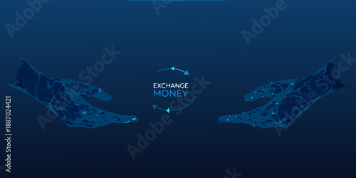 Digital hands exchanging currency depicted with a glowing network of data points