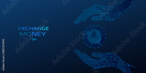 Polygonal illustration of hands exchanging money representing financial transactions and exchange