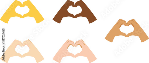 Hands making heart shape gesture set in different skin tones love diversity vector illustration