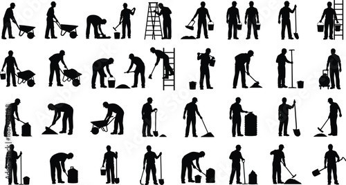 Silhouette set of construction and maintenance workers using tools, ladders, and equipment, representing manual labor, industrial workforce activities, and professional service occupations