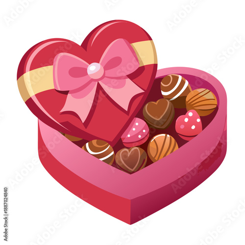 Heart shaped box of chocolate candies. Open gift box with different chocolate bonbons for Valentine's Day, Birthday, Mather's Day greeting cards, banners, etc. Vector illustration. stock illustration 