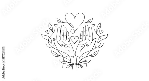 Minimalist line art shows cupped hands cradling a heart, framed by graceful leaves and flowing lines. This serene line art signifies care, love, and growth, ideal for spiritual or wellness themes.