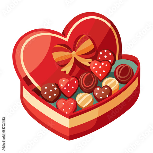 red Heart shaped box of chocolate candies. Open gift box with different chocolate bonbons for Valentine's Day, Birthday, Mather's Day greeting cards, banners, etc. Vector illustration. stock illustrat