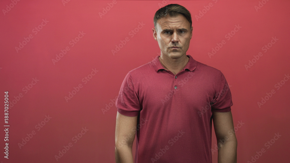 Fototapeta premium Man in red polo shirt stands facing camera with eyes closed and relaxed arms in a studio portrait study; calm introspection.