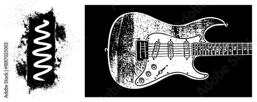 Vintage Electric Guitar with Distressed Halftone Texture and Spring