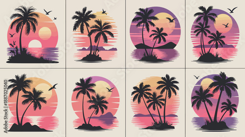 A serene studio photograph of palm trees at sunset with a peaceful atmosphere