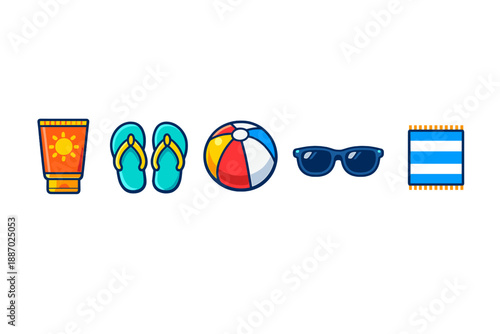 Summer beach essentials icons with glow effect