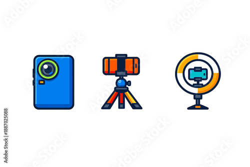 Vlogger Gear Icons: Camera, Tripod, and Ring Light