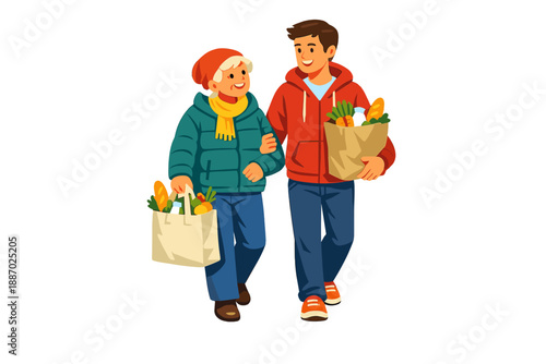 Young man helps an elderly person carry groceries