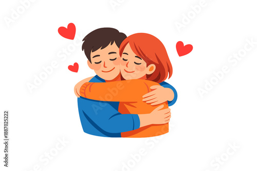 Couple hugging with glowing hearts