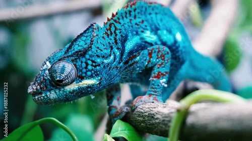 Panther Chameleon Perched on Branch, Vibrant blue and rainbow Colors.