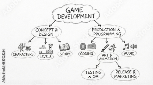 Game development process diagram showing concept design production programming art animation testing and marketing stages in creative flowchart