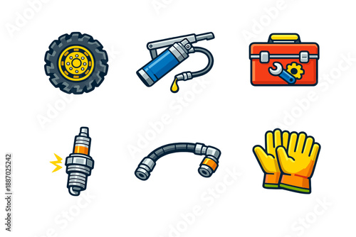 Set of automotive repair icons on a mustard yellow background