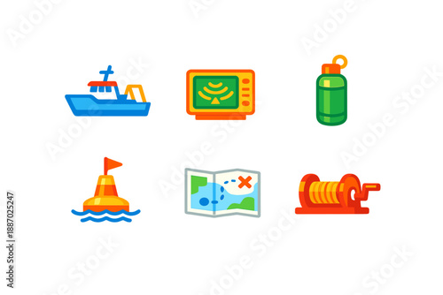 Nautical Equipment Icons with Neon Glow