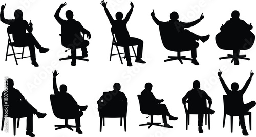 Silhouette set of people sitting on different chairs with raised hands, showing relaxation, communication, lifestyle, office seating, body language, and casual human interaction concepts