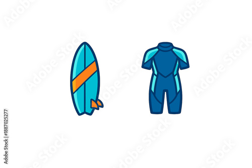 Surfboard and Wetsuit Illustration with Blue Neon Glow