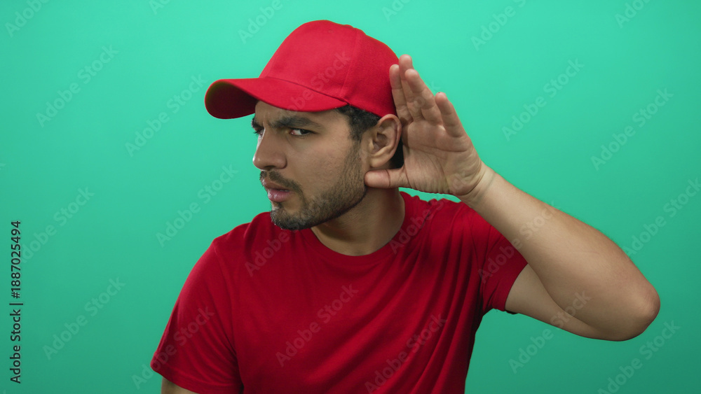 Fototapeta premium Young hispanic man wearing red cap and shirt holds hand to ear for listening with focused gaze against green studio wall; curiosity.