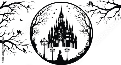 Gothic fairy tale castle silhouette illustration, mysterious princess, dark fantasy forest, birds and branches, Halloween storybook night scene