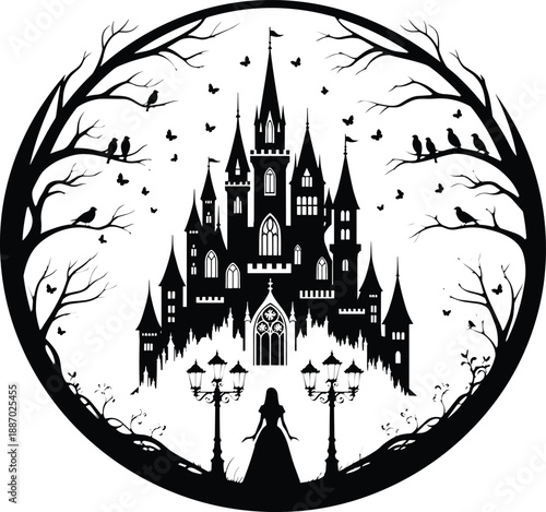 Gothic fantasy castle silhouette with princess, birds and trees, black and white fairytale illustration, magical night scene