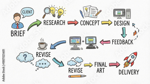 Creative process flowchart with brief research concept design feedback revise final art and delivery steps illustrated with colorful icons