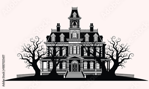 Haunted Victorian mansion silhouette with spooky trees, gothic architecture, eerie Halloween atmosphere, black and white horror illustration, night mystery theme