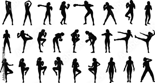 Silhouette Illustration of Athletic Poses Including Boxing, Kicking, and Fitness Movements – Black and White Motion Study