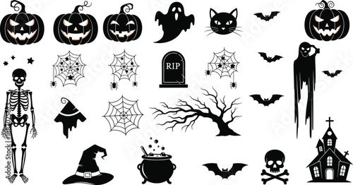 Halloween spooky icon set with pumpkins ghosts bats skeleton witch hat graveyard haunted house silhouettes isolated vector illustration design collection