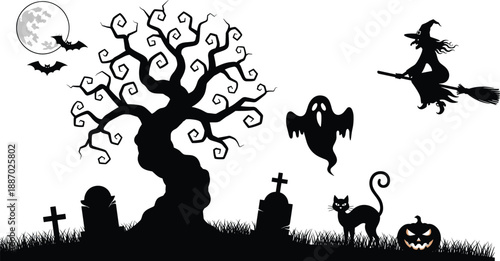 Spooky Halloween silhouette scene with witch, ghost, bats, black cat, pumpkin, graveyard, twisted tree, moonlight night illustration