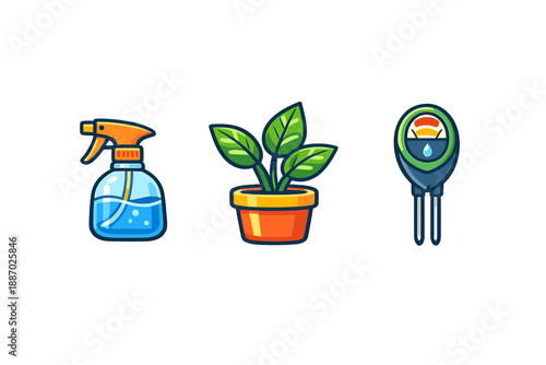 Gardening icons: spray bottle, potted plant, and soil meter