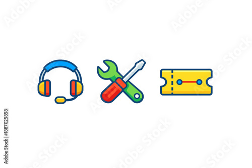 Collection of three flat icons: headphones, tools, and ticket