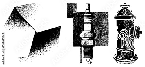Halftone Rendered Spark Plug, Fire Hydrant, and Geometric Shape Vector Set