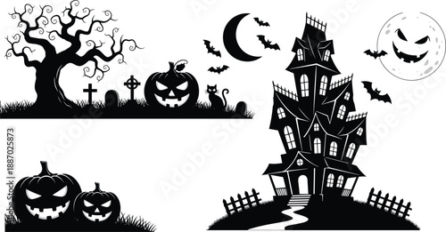 Spooky Halloween silhouette set with haunted house, pumpkins, bats, graveyard, crescent moon, eerie night scene, gothic horror illustration