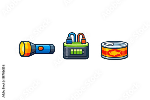 Survival kit icons: flashlight, battery pack, and canned food
