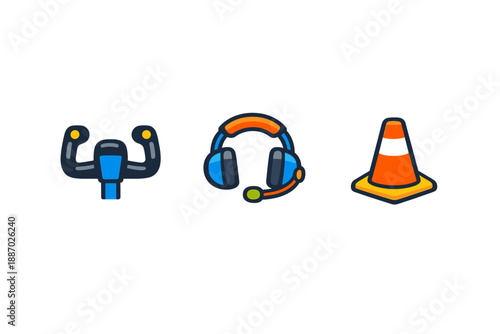 Three colorful icons: yoke, headphones, and traffic cone