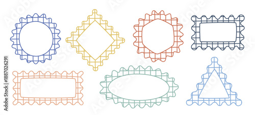 Hand drawn checkered geometric shapes, figures. Cute y2k squiggle frames. Bold bordered vector frameworks, rectangle, triangle