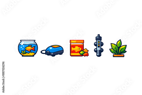 Aquarium icons with fish, plants, and equipment