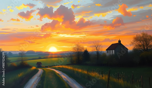sunset, countryside, village, oilpainting, painting, artwork, art, canvas, texture, brushstroke, landscape, scenery, scenic, rural, nature, sky, clouds, orange, golden, warm, evening, dusk, horizon, s